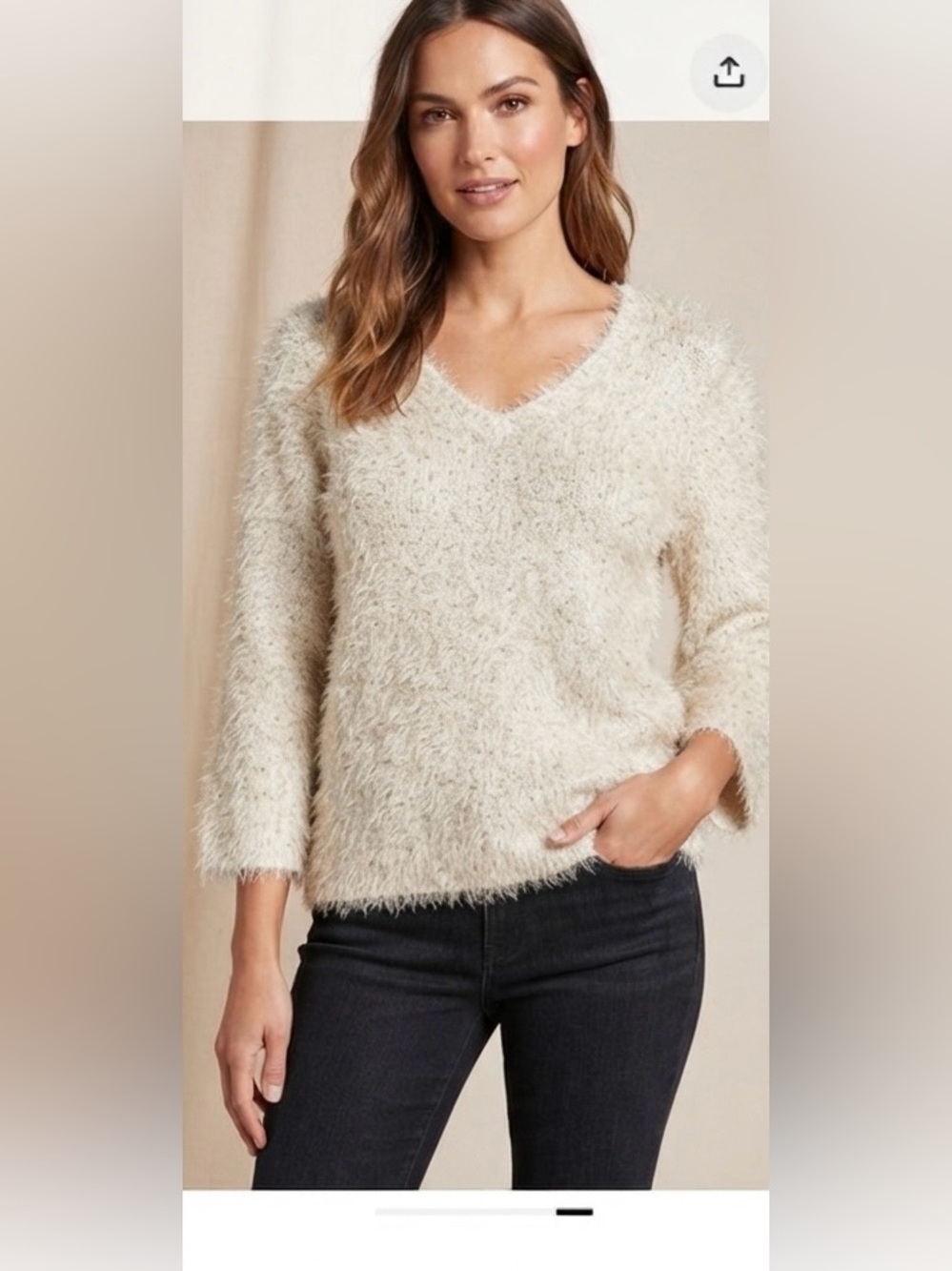 Chico’s Ivory Gold Metallic Eyelash Knit Fuzzy Sweater Shimmer Size 1